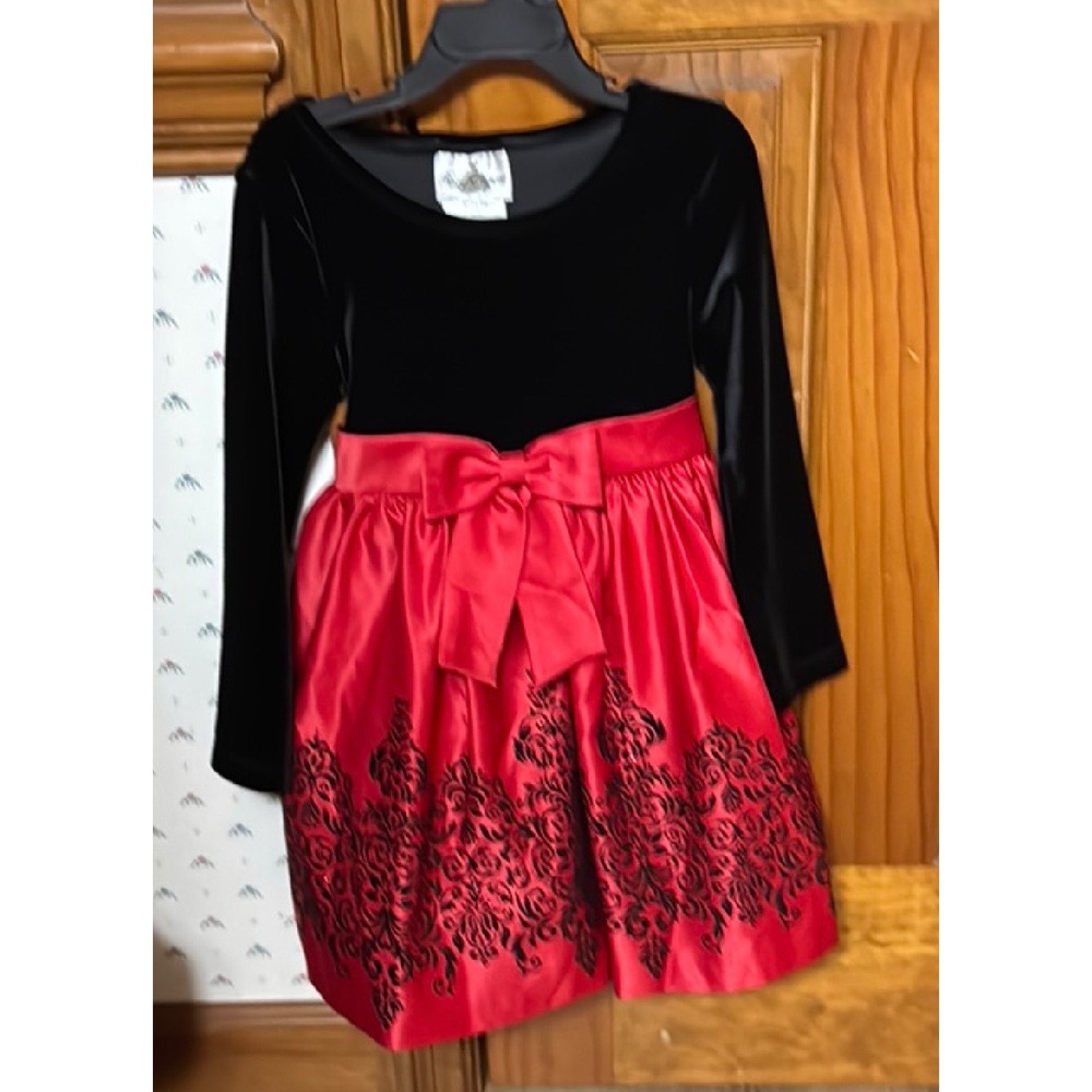 Rare Editions Girls Black Velvet Red Satin Damask Holiday Dress Size 5